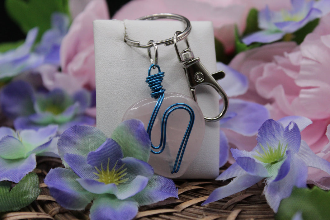 Blue wire rose quartz heart keychain