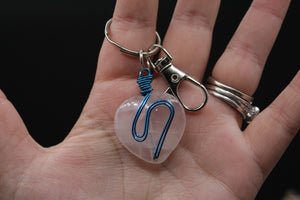 Blue wire rose quartz heart keychain