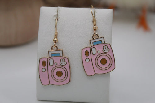 Pink camera earrings