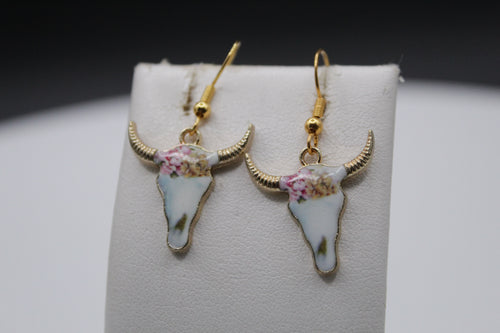 Pink/yellow flower cow horn earrings