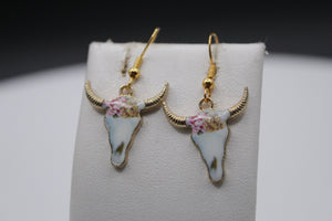 Pink/yellow flower cow horn earrings