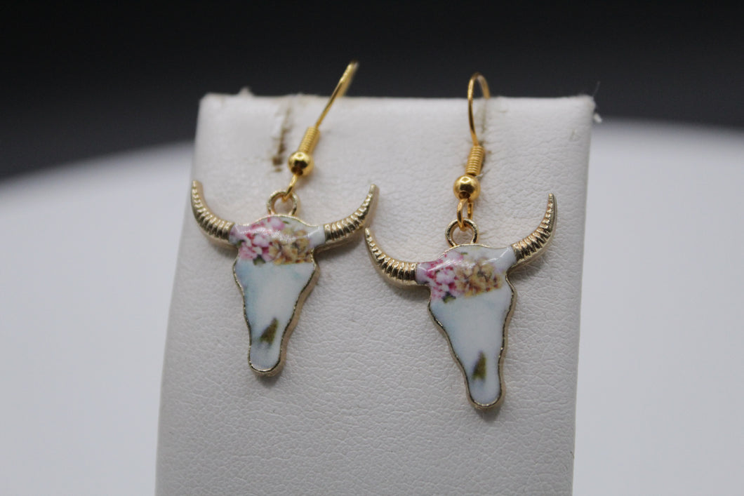 Pink/yellow flower cow horn earrings